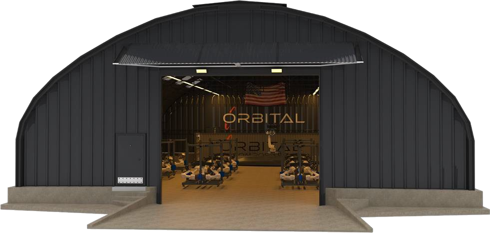Orbital composite factory — Quonset hangar production facility with cells arrayed inside