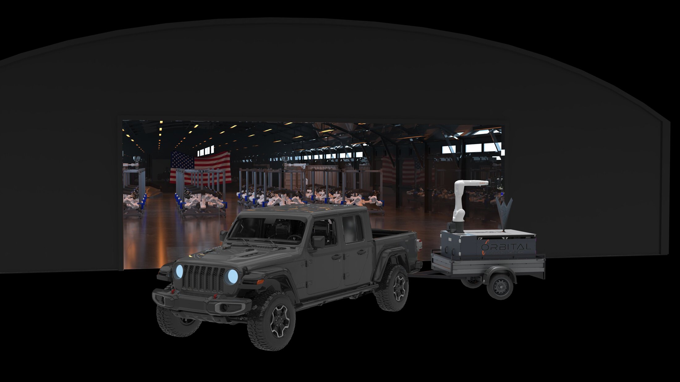 Orbital composite factory — centralized mass-production facility with deployable cell on trailer