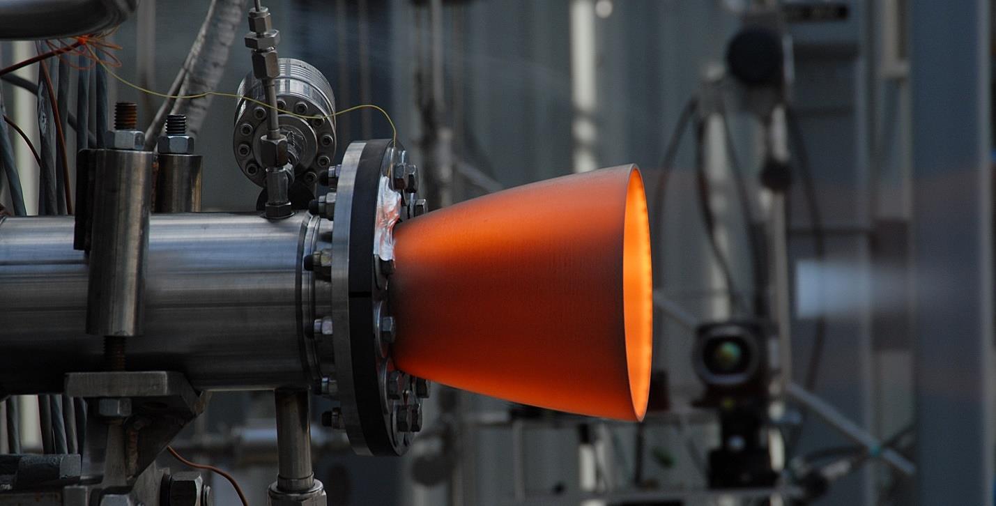 Composite rocket nozzle during hot-fire test